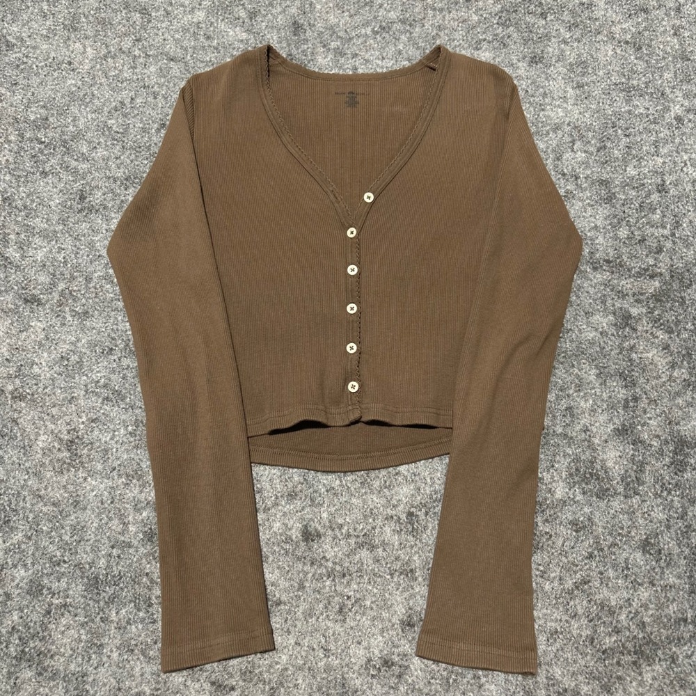 Brandy Melville Brown Ribbed Button Up Cropped Cardigan Top Size Small Y2K Retro